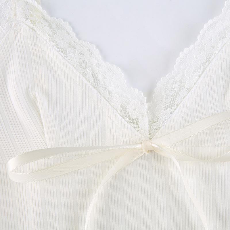 Women Simple Lace Flower Pit Strip Drawstring V-neck Suspender Vest Short Top