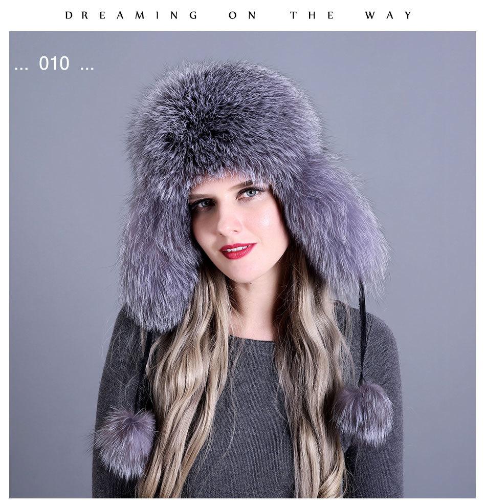 100% Real Fox Fur Hat Women's Russia Pilot Catcher Ski Cap Cap Ear flap winter raccoon fur pilot cap