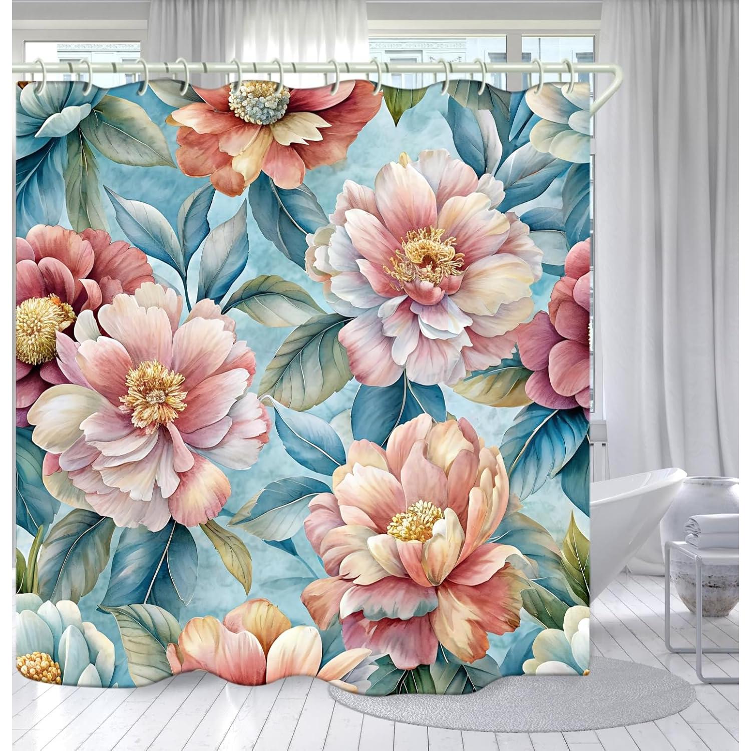 

Bathroom Shower Curtain Brings a Pleasant Mood to Bathing, with a Unique Artistic Waterproof Pink Flower Leaf Shower Curtain (72 90x180cm