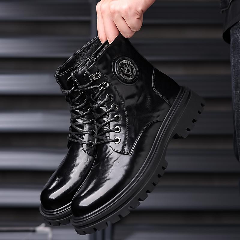 Mens High Top Leather Shoes Fashion Motorcycles Winter Warm Boots Wear Resistant Non Slip Daily Casual Boots for Man