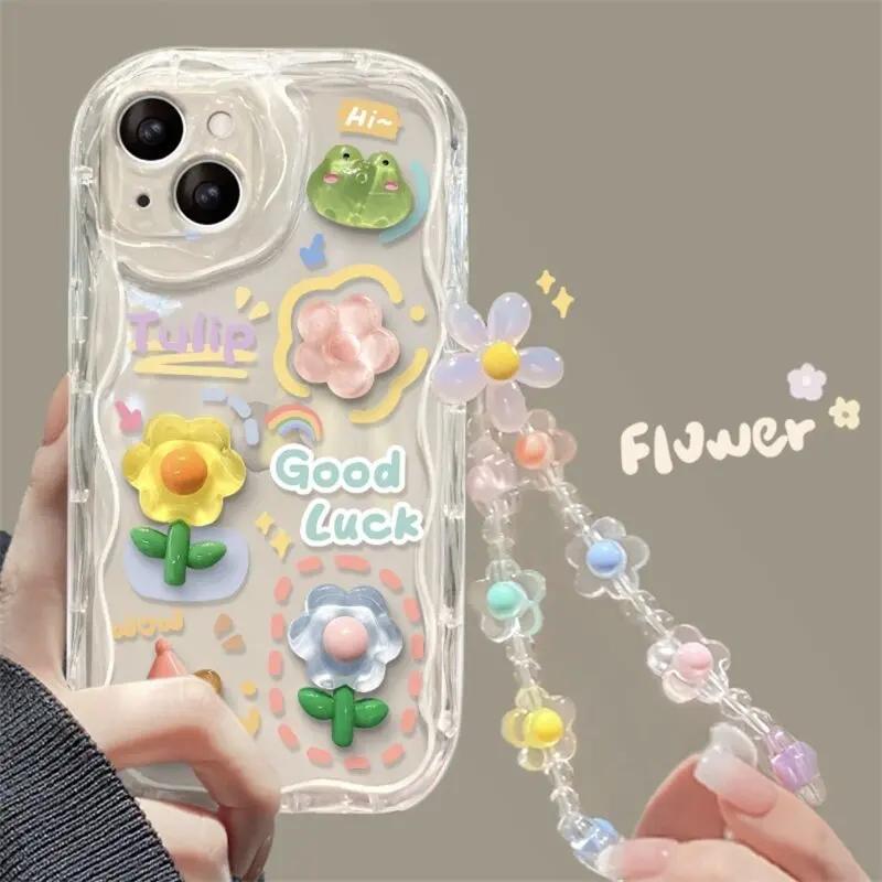 3D Pink Flower Phone Chain Clear Case for Samsung Galaxy S26 S25 Plus S23 S24 Ultra FE S25FE A57 A37 A17 A56 A16 A55 A54 A15 5G