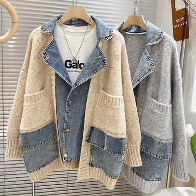 Outono Inverno Tamanho Grande Mulheres Splicing Denim Jaqueta Mulheres Manga Longa Jeans Jaquetas Femininas Soltas Suéter Estilo Preguiçoso Casaco Cardigan De Malha
