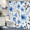 1Pc Blue-Grey Botanical Patterned Shower Curtain, Polyester Fabric, Machine Washable, Suitable For Bathroom Dcor.