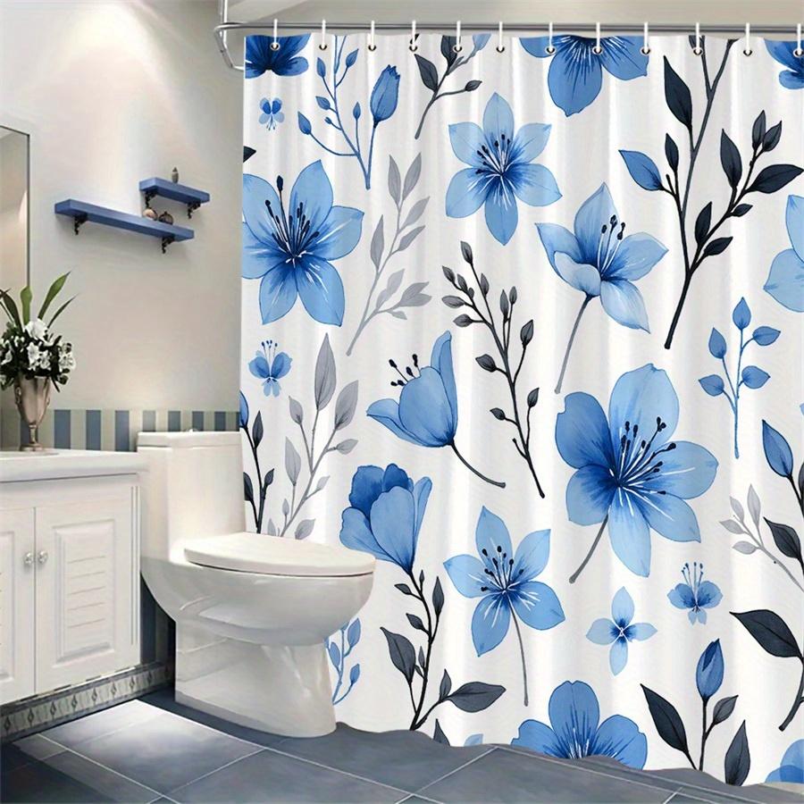 1Pc Blue-Grey Botanical Patterned Shower Curtain, Polyester Fabric, Machine Washable, Suitable For Bathroom Dcor.