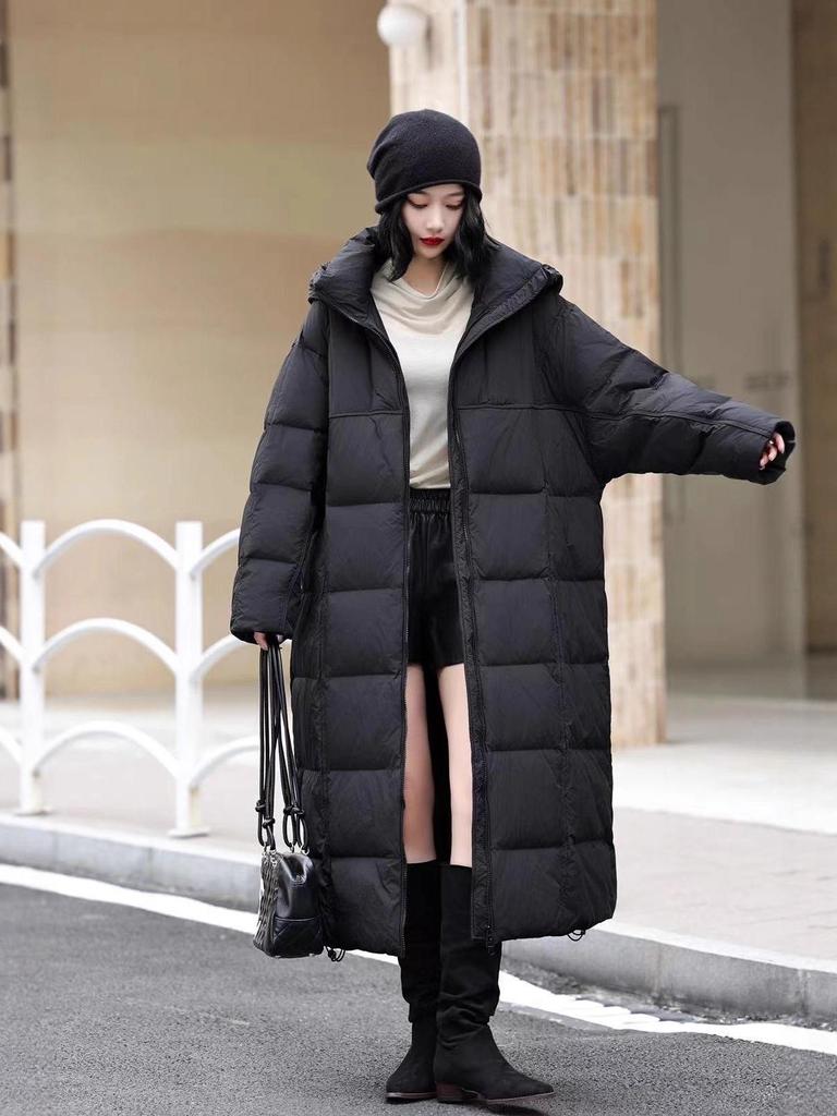 Dam 2025 Vinter Lång Dunjacka med Huva - Koreansk Stil, Tjock, Enfärgad, Kappa över Knäna