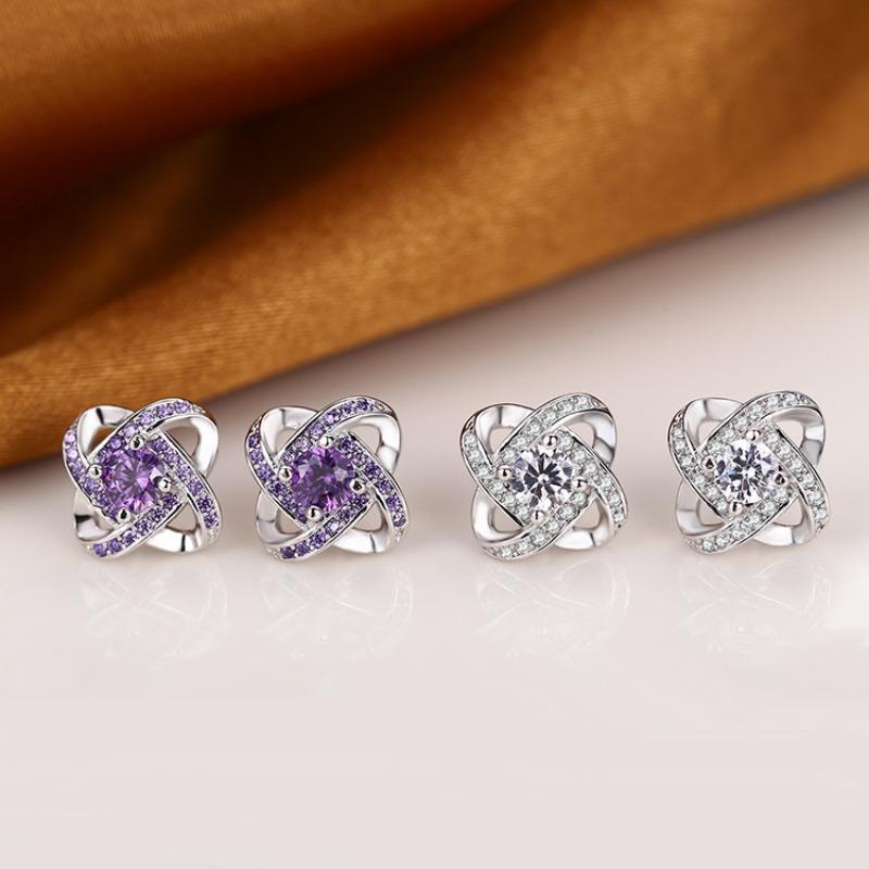 Plated Sterling Silver Inlaid Zircon Earrings Popular Rotating Four-leaf Clover Earrings Japanese and Korean Style