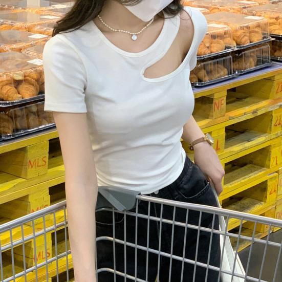 Top decupat de vară, cu gât în ​​U, cu mâneci scurte, pulover de culoare solidă