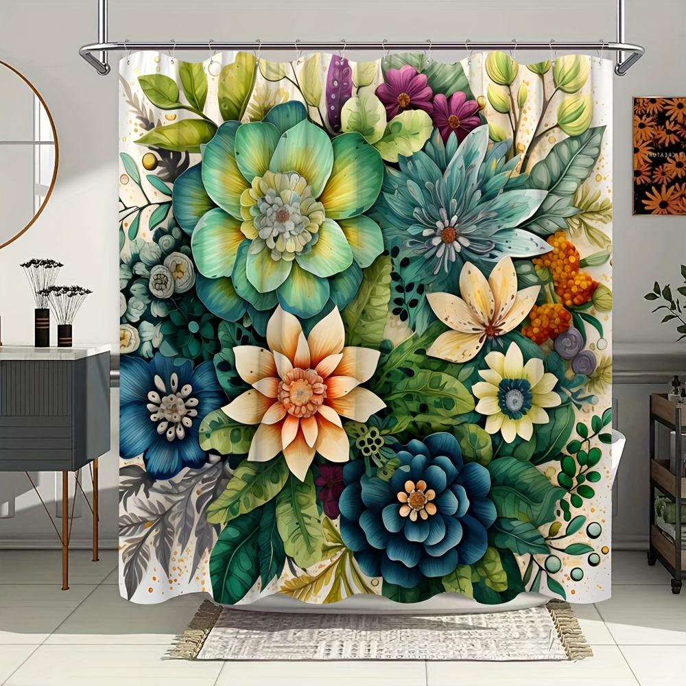 

Vibrant Floral Bath Curtain - Colorful Flowers & Leaves; Waterproof Home Decor Adds Lush Greenery to Your Bathroom Space. W90XH180cm
