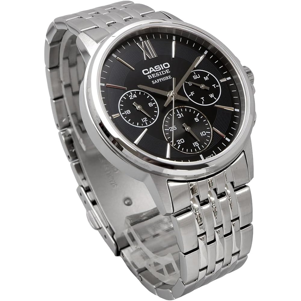 Casio Beside Quartz Men's Watch Sapphire Glass BMS-300D-1AV Stainless Steel Band 24-Hour Display Black