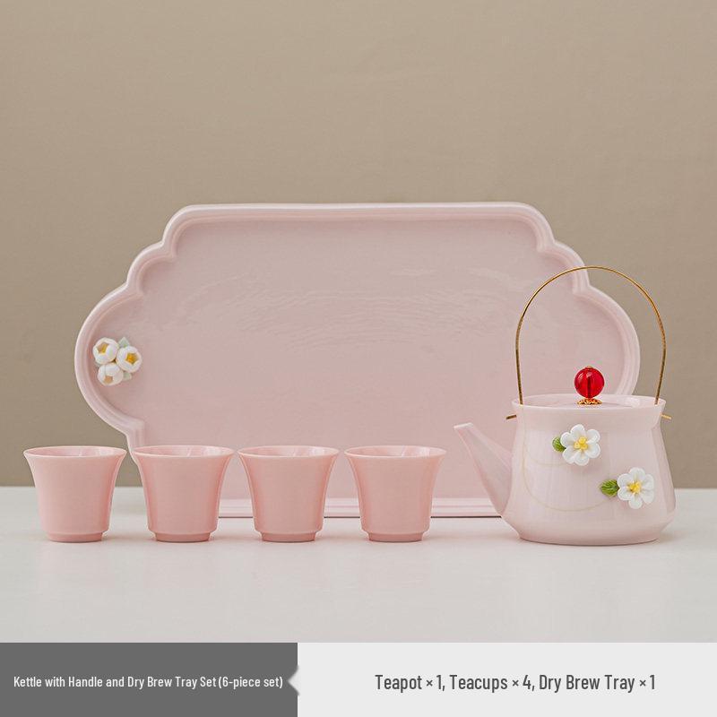 Women's Pink Ceramic Gongfu Tea Set with Teacup, Saucer, and Floral Handle Pot