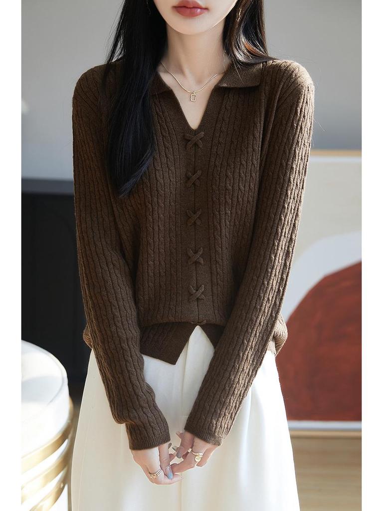 2025 Spring Women's Loose Lapel Pure Wool Cable Knit Sweater