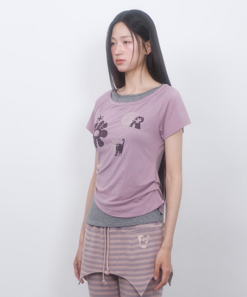 LMR Motif Embroidered Striped Layered T-Shirt Purple Pink