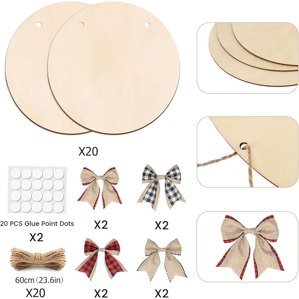20Pack Wood Circles for Crafts,12 Inch Blank Round Door Signs with 8 Pcs Decoration Bows and 20 Pcs Ropes,for Decoration