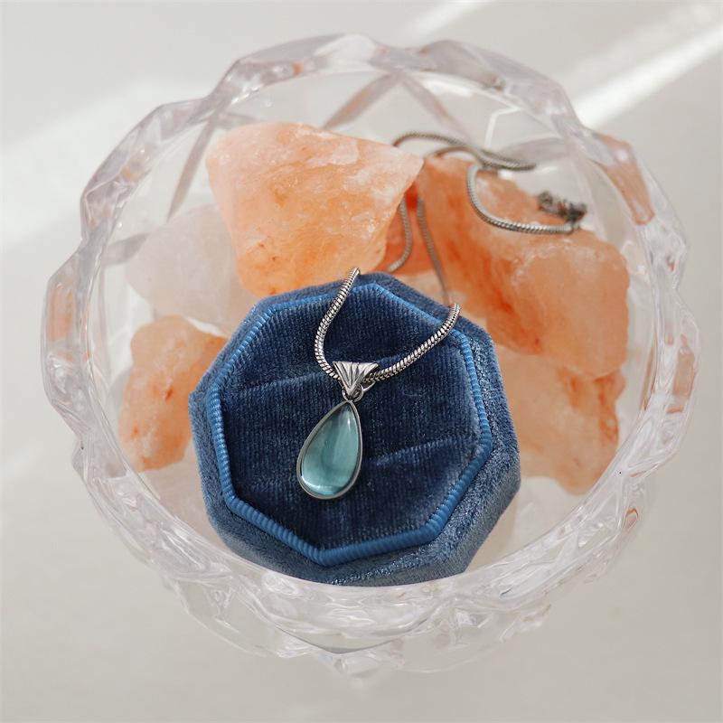 French Transparent Green Water Drop Ocean Necklace with Snake Bone Chain - Fashionable Gold-Plated Titanium Steel.