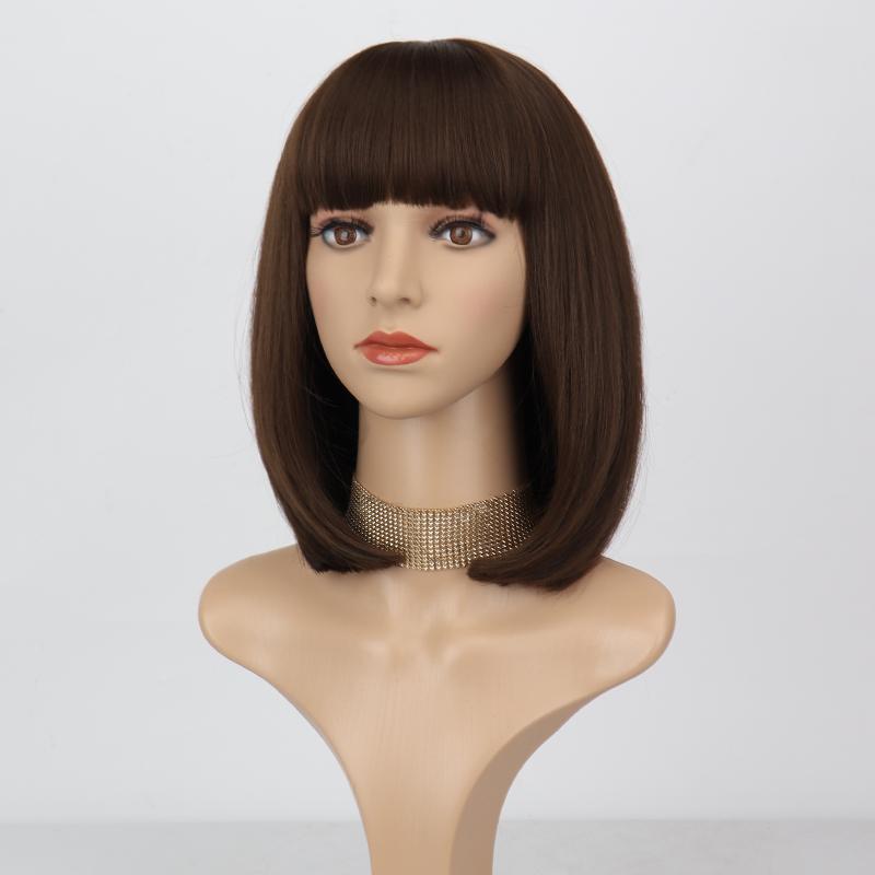 MERISIHAIR Women Short Straight Bob Brown Wig with Bangs Synthetic Fiber Shoulder Length Natural Brown Daily Wear Wig