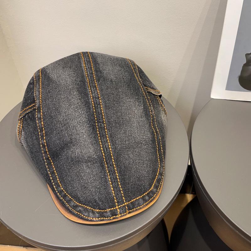 Women's Retro Washed Denim Duckbill Flat Cap with PU, Versatile Face Slimming Design, Spring-Autumn Backwards Beret.