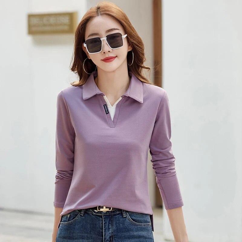 Herbst Damen Rollkragen Baumwolle Einfarbig Langarm T-Shirt Patchwork Damen Poloshirts für Damen