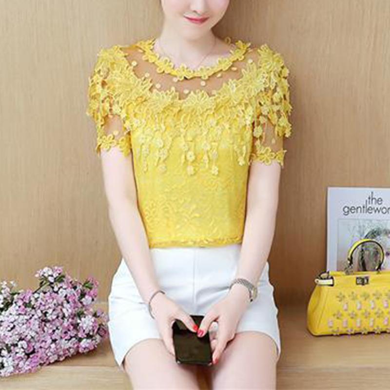 

Лето Новая Элегантная Мода Кружевная Вставка Ажурная Блузка Женская Короткий Рукав Сладкий Пуловер Рубашка Женский Сексуальный Универсальный Топ XL жёлтый