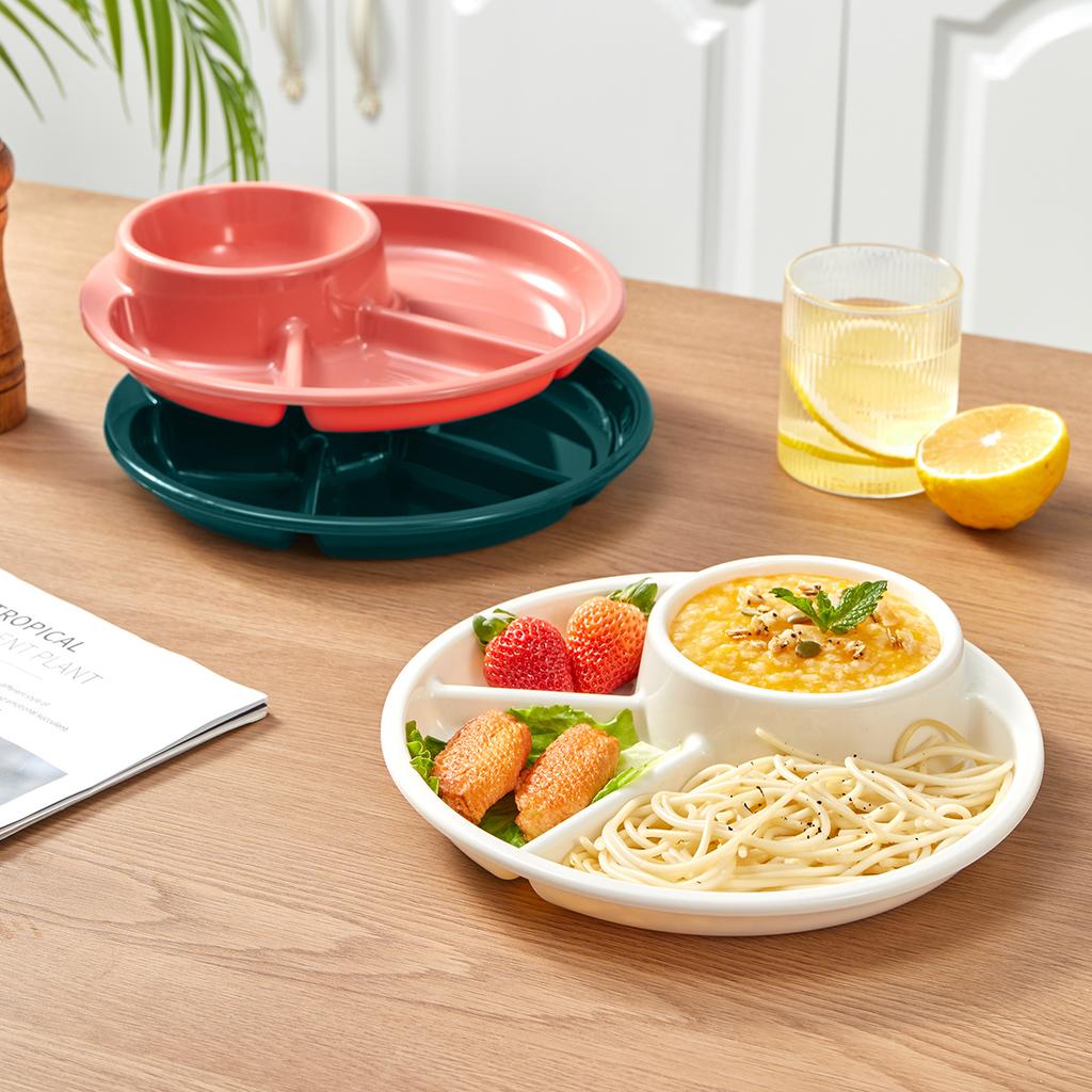 WORTHBUY Round Salad Plate Dishes Reusable Divided Dinner Plate With Fork Spoon Student Kid Food Plate Dishwasher&Microwave Safe