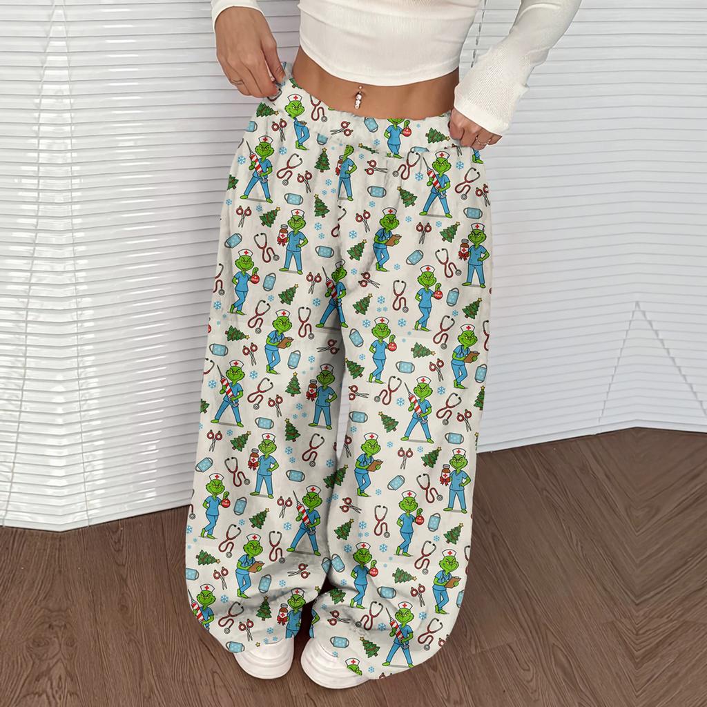 Women's Casual Christmas Print Elastic Waist Loose Fit With Plush Wide Leg Pants