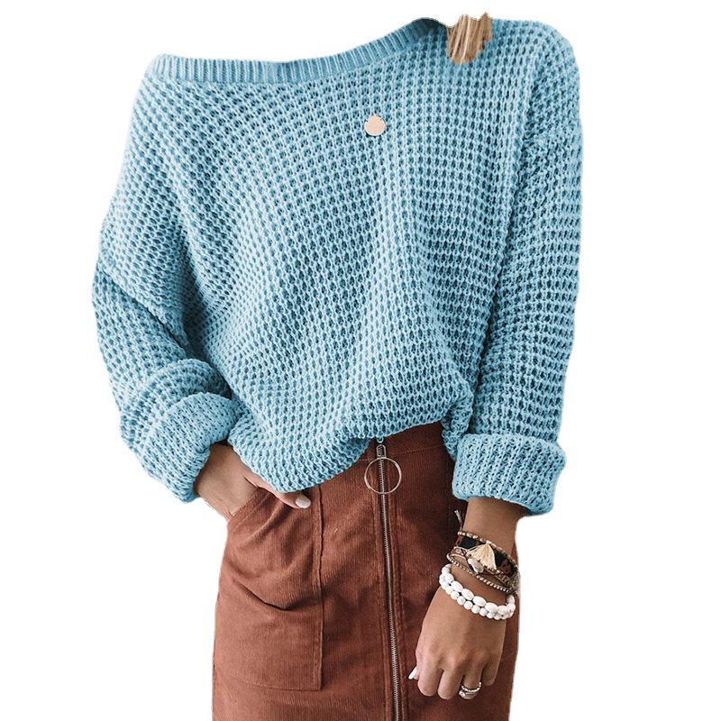 European Women's Loose Knit Top - Pure Color, Slanted Neck, Long Sleeve, Autumn Winter Sweater (2025 New Style)