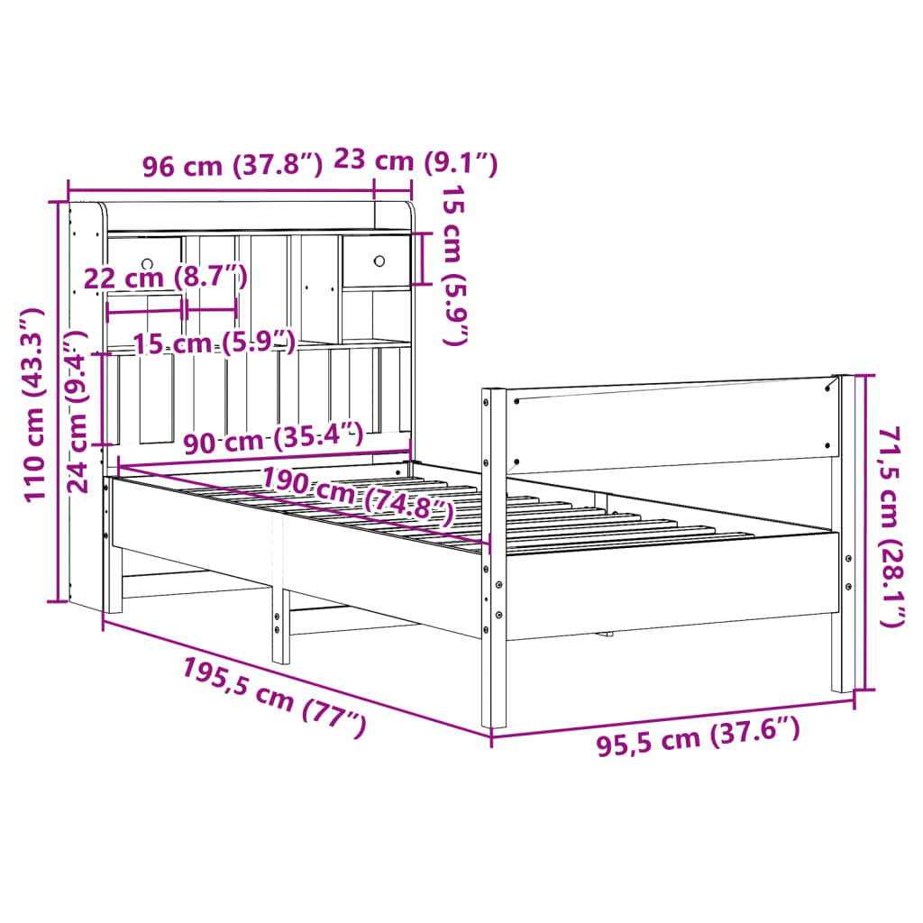 Solid Wood Bed with Shelf Without Mattress White 90x190 cm Pine