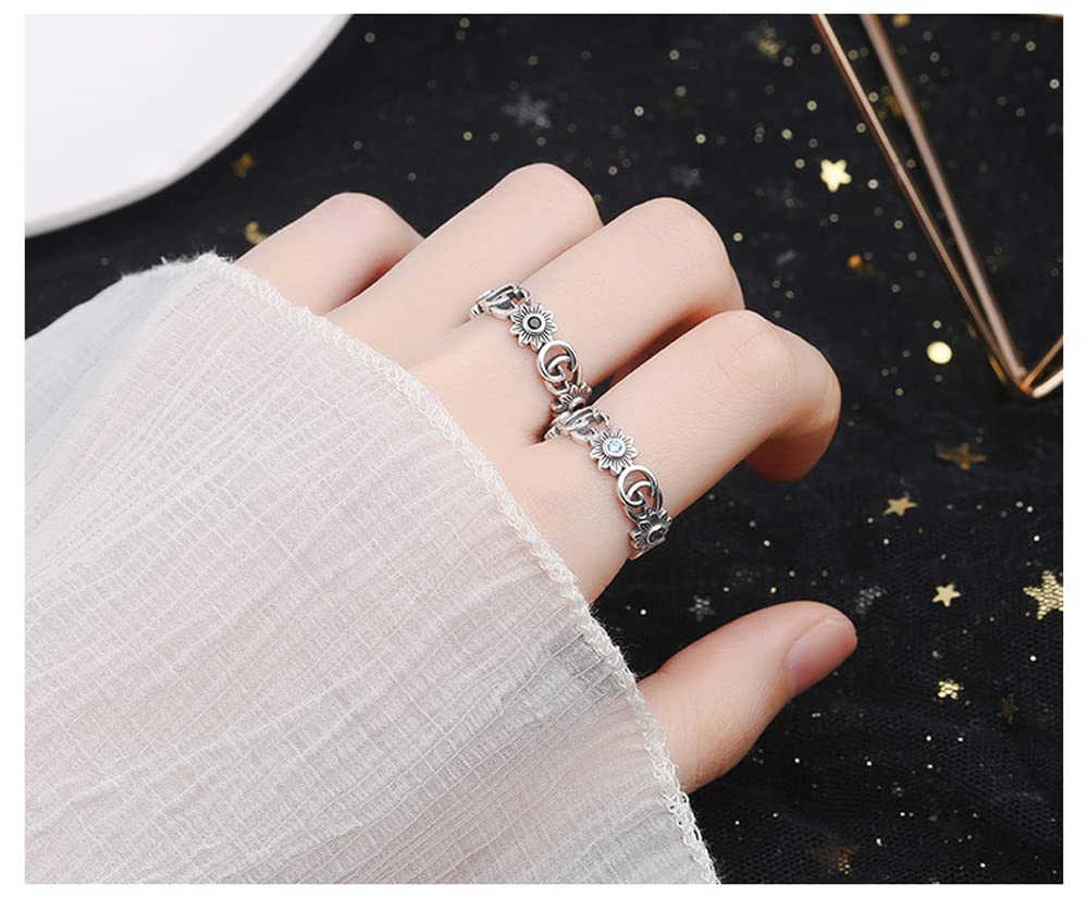 Free Flower English Adjustable Amulet Pure Accessory [Rockyu] Women's Ring, Size, Stylish, Blue, Zirconia, Ring, G, Openwork, Size, Ring, Silver,