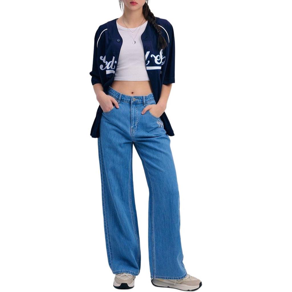 MLB New York Yankees SS24 Embroidered Logo Loose Straight Leg Jeans Women Jeans Light-Blue 3FDPB0341-50BLL