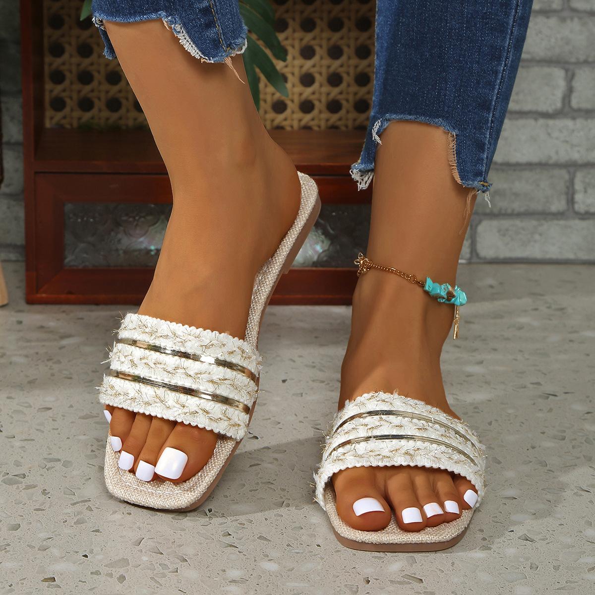 

Большие модные темпераментные односложные тапочки, бохо-металлические полоски, большие тапочки 43 белый