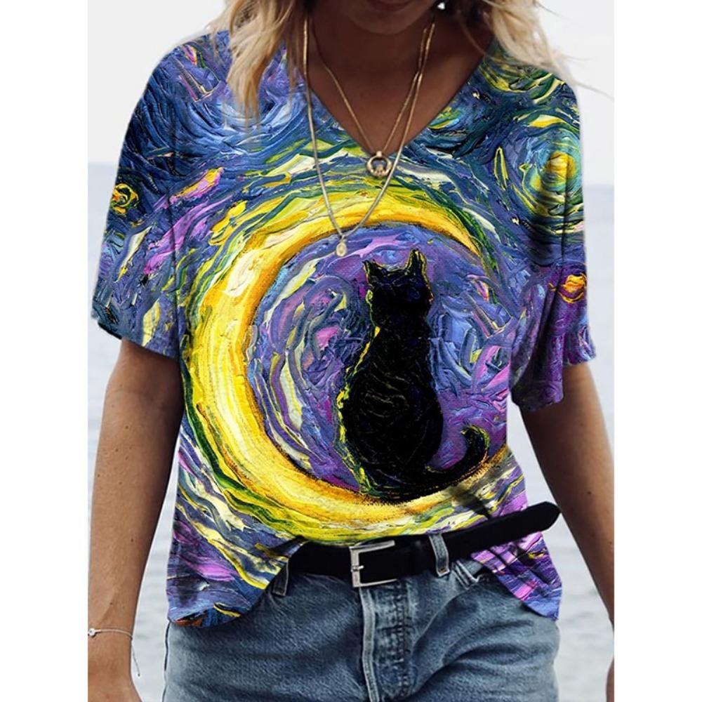 Cooles Mondkatzenmuster T-Shirt für Damen Lustiges Tier 3D-Druck Kurzarm Sommer Locker T-Shirts Rundhals Oberteile Tees Streetwear