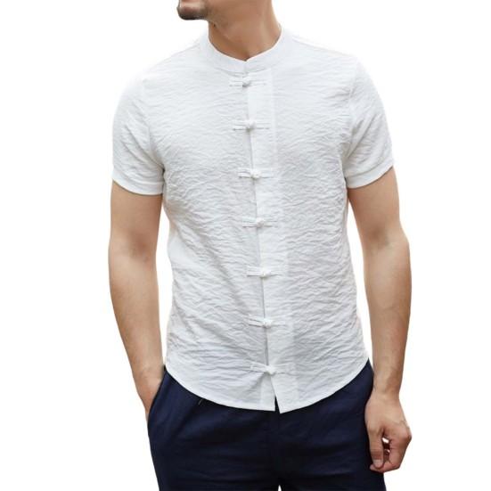 Men Summer Shirt Stand Collar Short Sleeve Solid Color Slim Fit Knot Buttons Daily Wear Chinese Traditional Clothes Vintage Chinese Style Men Top Men