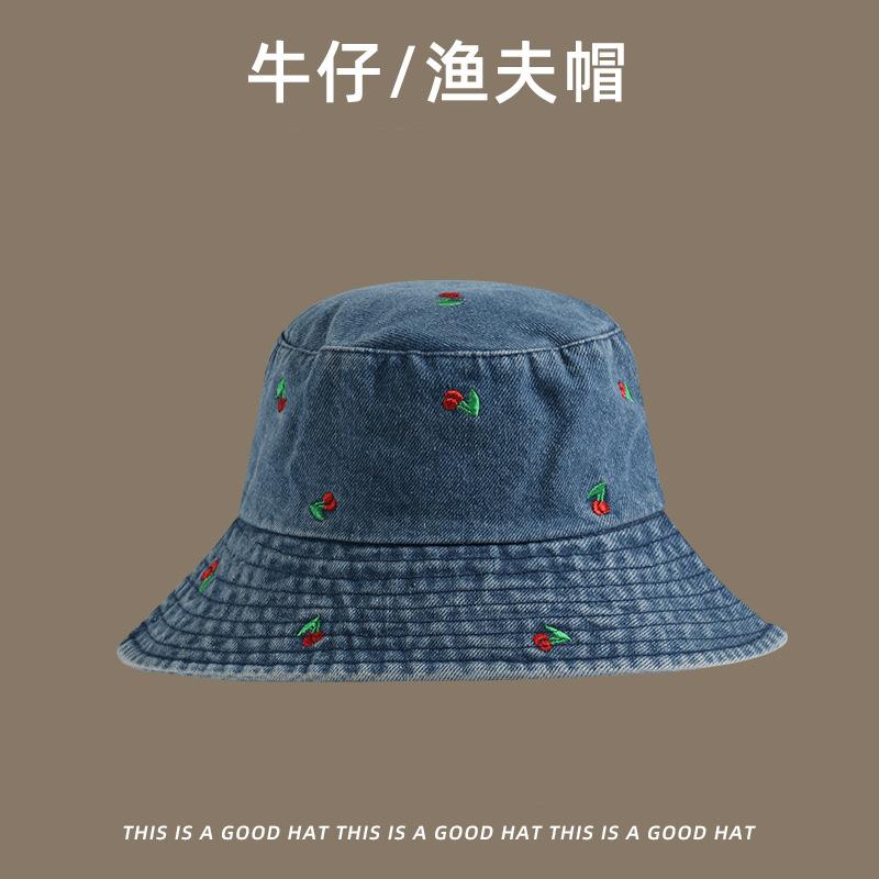 New hat female versatile fashion denim bucket hat embroidered cherry pattern wide brim sunshade basin hat