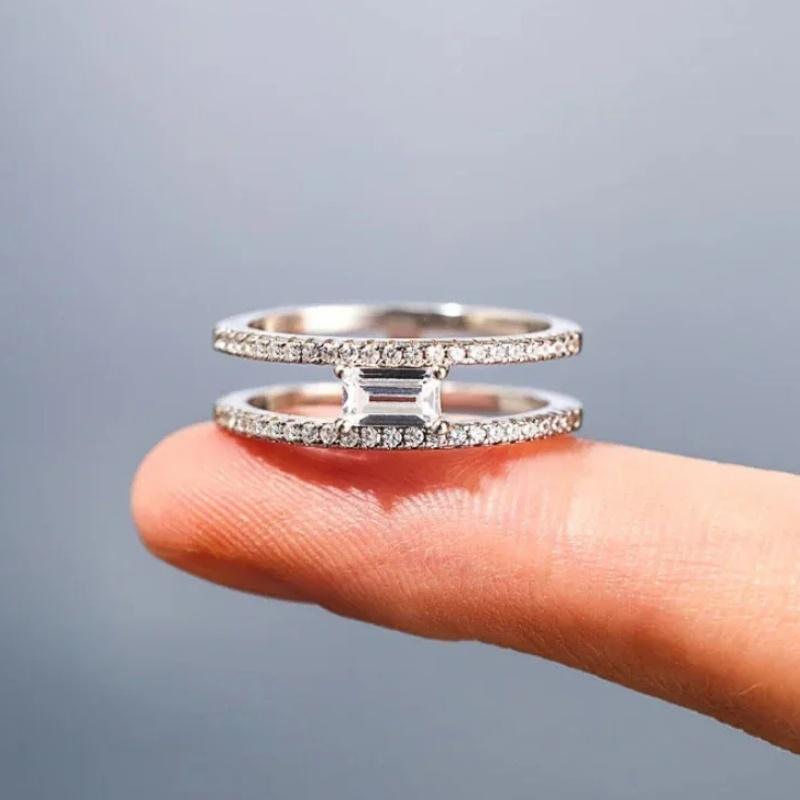 Huitan Simple Stylish Rings with Double Layer Design Charming Exquisite Accessories for Women Shiny CZ Versatile Daily