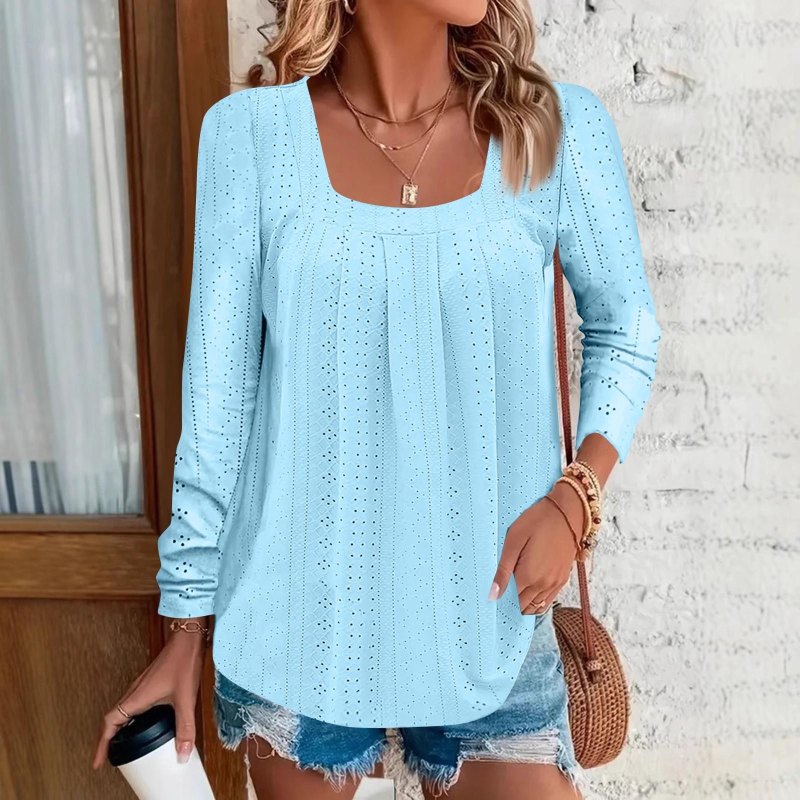 

Women s Fashionable Square Collar Long-sleeved Solid-color Pullover Casual Top M