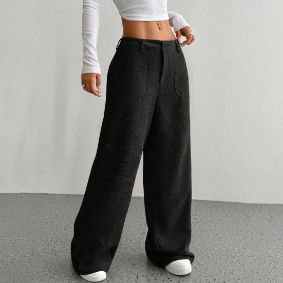 Damesbukser Lav midje Glidelås Knappgylf Rette Vide ben Lange Bukser med Lommer Ensfarget Ribbestrikket Fritidsbukser