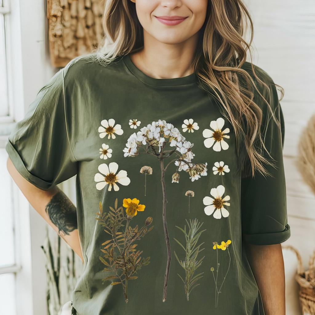 Pressed Flowers Tshirt,Aesthetic Wildflowers Cottagecore Shirt,Oversized Vintage Botanical Tee,Floral Nature Boho Shirt, Garden Lover Shirt