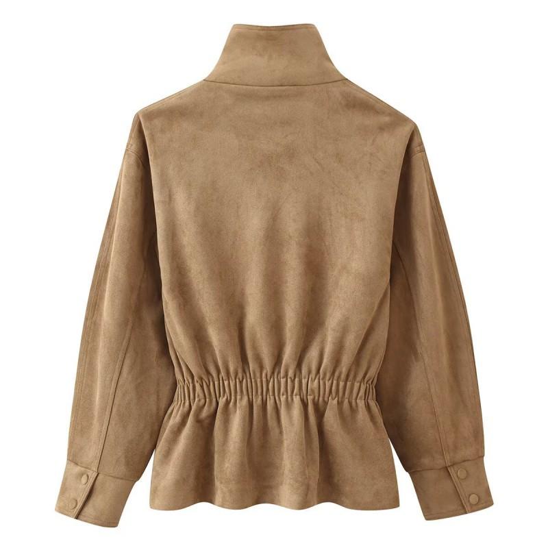 ZA Giacca da Donna Autunno 2026 in Ecopelle Scamosciata con Cintura Casual Collo a Stand Vestibilità Slim Capospalla
