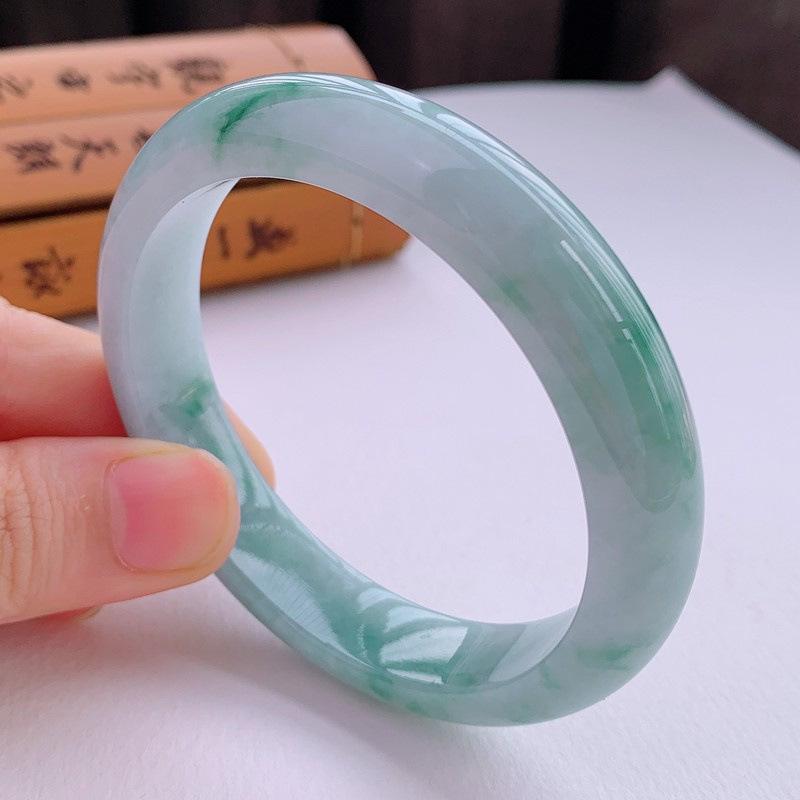Burmese Ice-Glutinous Jade Bracelet: White Base with Floating Green Flowers, Round Band Concubine Gift 51mm