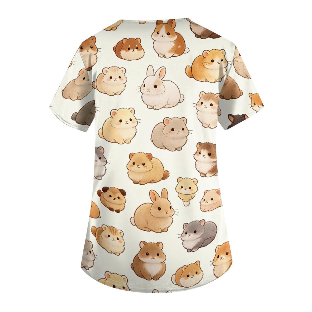 Women's V Neck Short Sleeve Work Top with Pockets Animal Print Medical Scrub Shirt for Healthcare Professionals Comfortable Fit