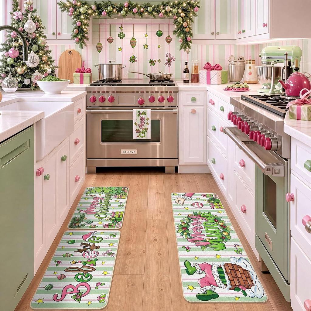 3Pcs Christmas Kitchen Mat Non Slip Washable Crystal Velvet Floor Rugs Holiday Home Decoration