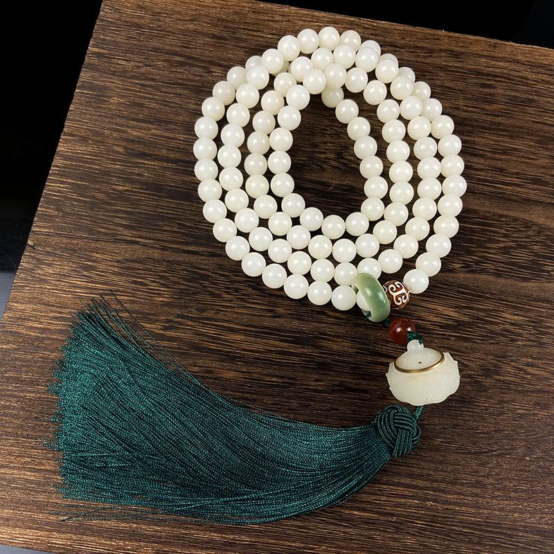 White Jade Bodhi Seed Bracelet: 108 Buddhist Prayer Beads Multi-strand Necklace for Men & Women