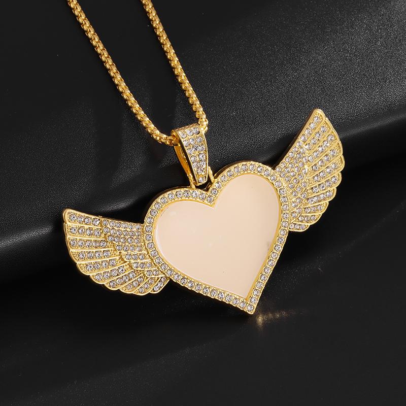 Angel Wings Mirror Photo Memorial Pendant Inlaid with Ice Crystal Zirconia Necklace Couple Trendy Jewelry Birthday Gift