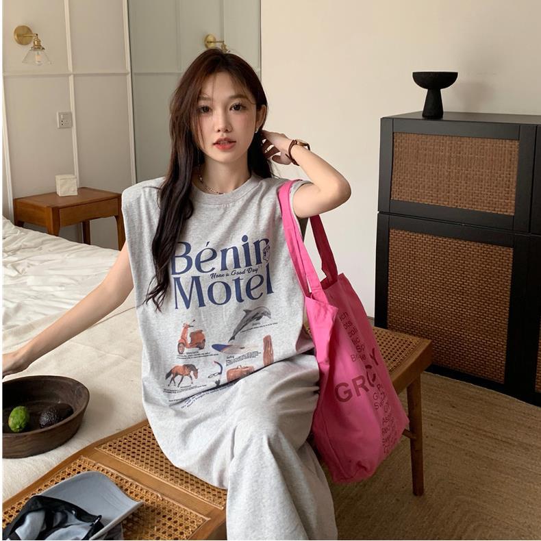 Letní dámská košile větší velikosti bez rukávů s potiskem Dlouhé šaty Volné šaty Vesta pod kolena Neformální šaty