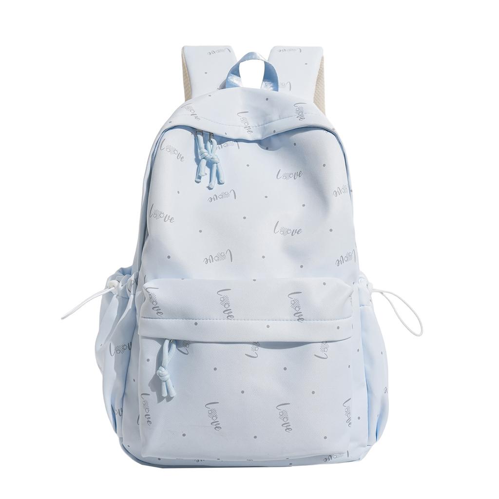 Cream Allover Love Print School Backpack with Front Pocket Side Drawstrings Casual Daypack for Girls