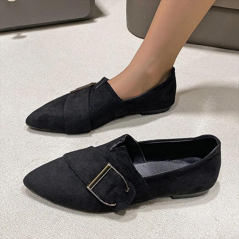 Fashion Women's Flats Shoes Black Velvet Office Lady Pumps Fashion Pointed-toe Belt-buckled Thin Shoes Large Size Loafers Casual Shoes