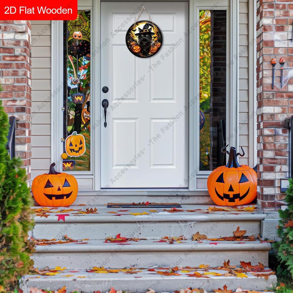 Halloween Black Cat Witch Hat Pumpkin Bat Round Wooden Hanging Sign, Front Door Porch Decor