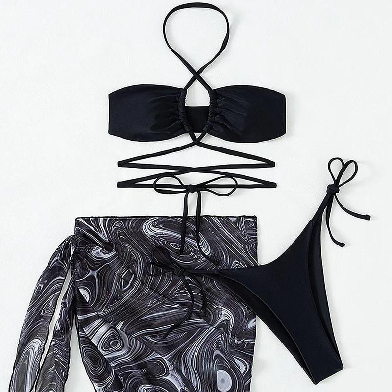 

New Sexy Halter Thong Bikini 3 Pieces Solid Bikini Set With Printed Skirt Women Bandage Swimsuit S чорний