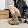 ~ Niche Retro Buckle with Western Round Head Stacking Boots Women's Flat Thick Heel Knight Boots Short Boots Women
