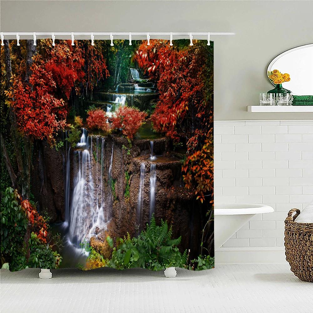 Natural Scenery Waterproof Fabric Shower Curtain Bathroom Curtains With Hooks 180X180Cm Landscape Bath Screen Home Decoration
