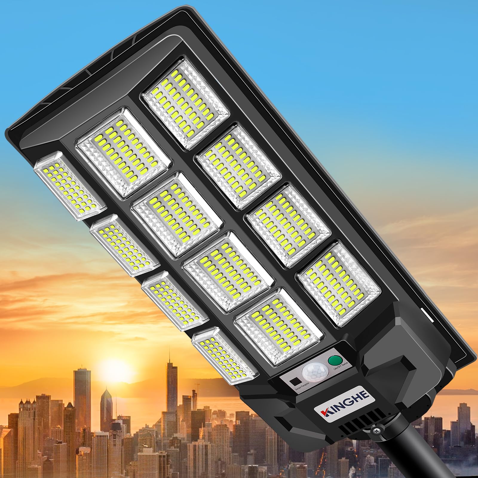 

KINGHE Solar Street Light, Outdoor Waterproof LED Sensor Light, Garden Light [2025 New Model, 1200W, 12,000 Lumens], 3 Intelligent Modes, 11,000mAh